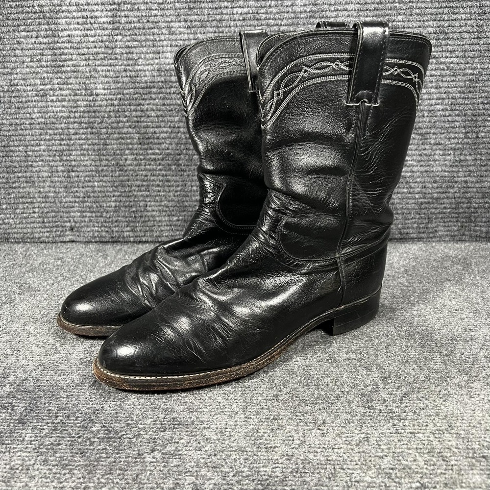 Justin Boots Mens Size 8.5 Black Leather Western Cowboy Roper Round Toe 3342 USA